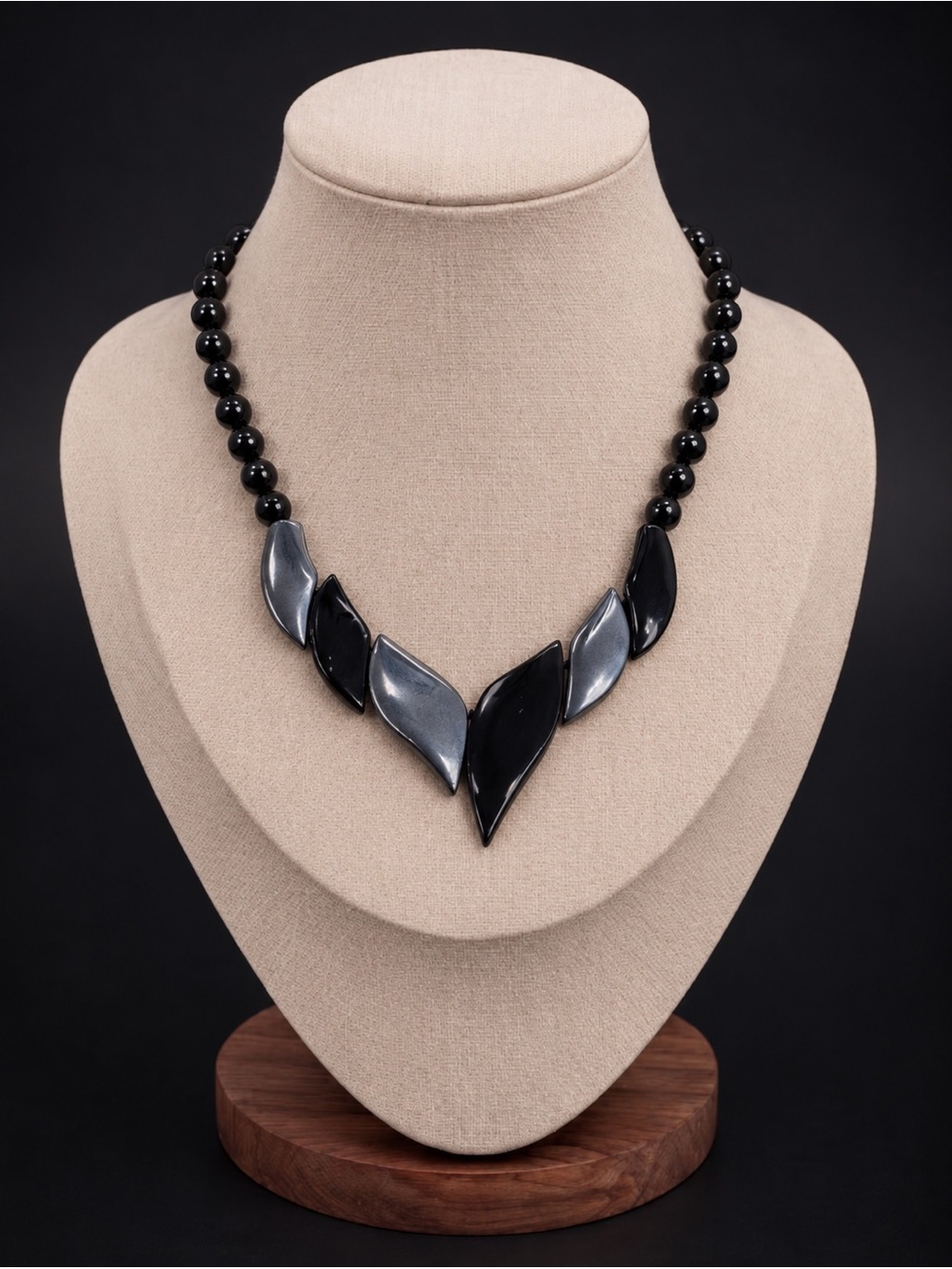 1980s Art Deco Revival Hematite & Onyx Statement Necklace